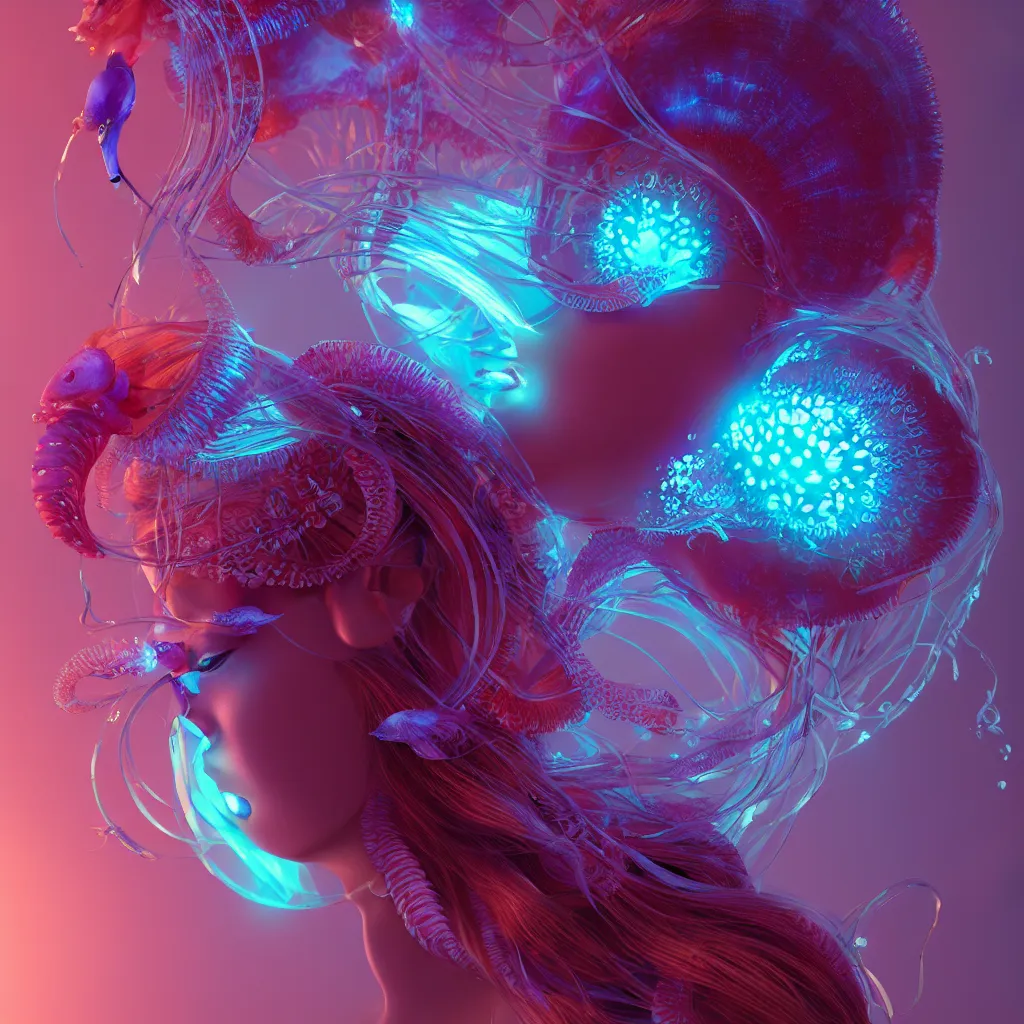 Image similar to goddess close-up portrait. orchid jellyfish phoenix head, nautilus, skull, betta fish, bioluminiscent creatures, intricate artwork by Tooth Wu and wlop and beeple. octane render, trending on artstation, greg rutkowski very coherent symmetrical artwork. cinematic, hyper realism, high detail, octane render, 8k