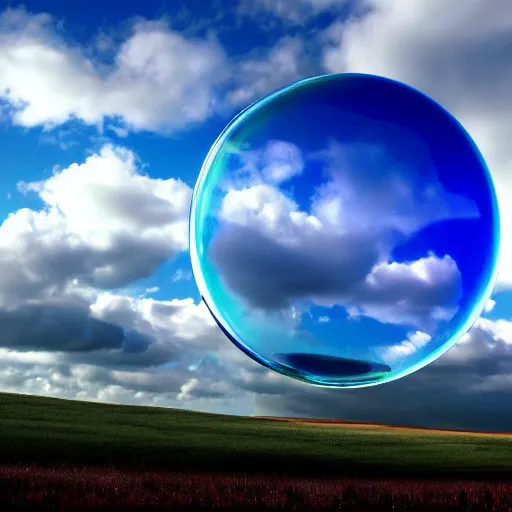 Image similar to A photograph of the Windows XP Bliss wallpaper inside of a giant floating soap bubble, floating in a blue and cloudy sky.