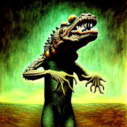 Prompt: the crocodile man by otto dix, junji ito, hr ginger, jan svankmeyer, beksinski, claymation, hyperrealistic, aesthetic, masterpiece