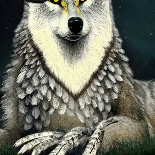 Image similar to ( ( ( ( wolf ) ) ) ) with the head of an owl, animal full body, lying down, featured on artstation