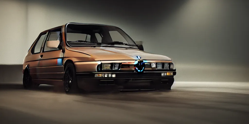 Prompt: a bmw e30, designed by Polestar, blade runner background, stained antique copper car paint, black windows, sport car, dark show room, dramatic lighting, hyper realistic render, depth of field