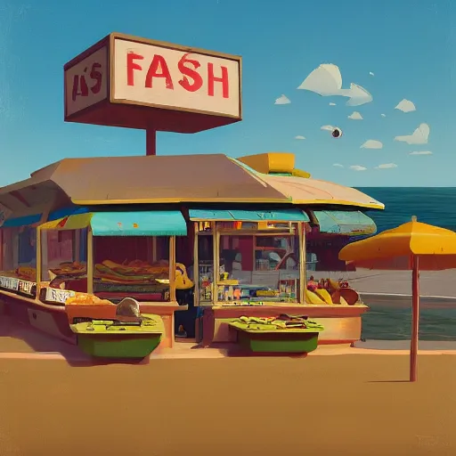 Image similar to fast food counter by the beach by simon stalenhag