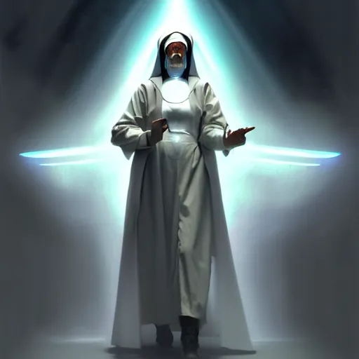 Image similar to imposing and relaxed cyberpunk nun, white duster coat, with dramatic volumetric god rays by john singer sargent, syd mead, craig mullins, finnian macmanus, sung choi, ruan jia. cinematic keyframe concept art on artstation