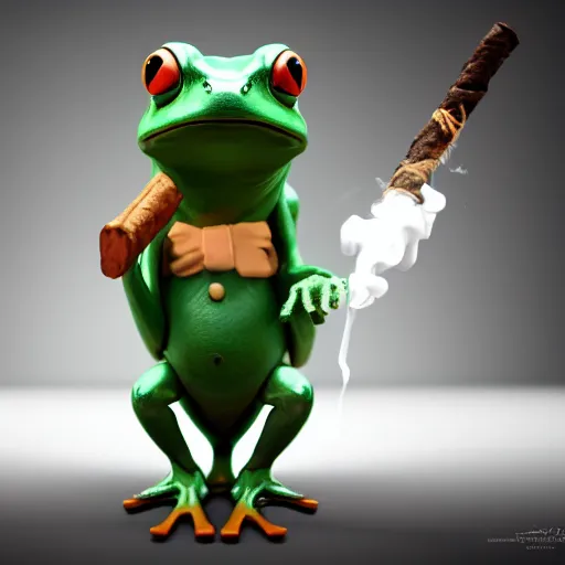 Image similar to a high quality photo of an antropomorphic frog wearing a suit smoking a cigar cigar cigar cigar, 3d scene, render, ultra realistic, artstation, cgsociety