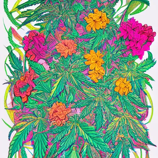 Prompt: intricate painting of marijuana flowers by james jean trending on artstation, vivid colors, woman dancers