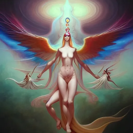 Image similar to psychedelic angelic celestial being artwork of peter mohrbacher, by henry fuseli, ayahuasca, energy body, sacred geometry, esoteric art, rainbow colors, realist, abstract and surreal art styles with anime and cartoon influences divinity