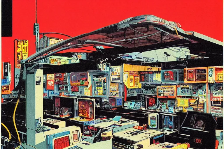 Image similar to 1979 Popular science Magazine Cover of an electronics stall in neo-Tokyo in cyberpunk style by Vincent Di Fate