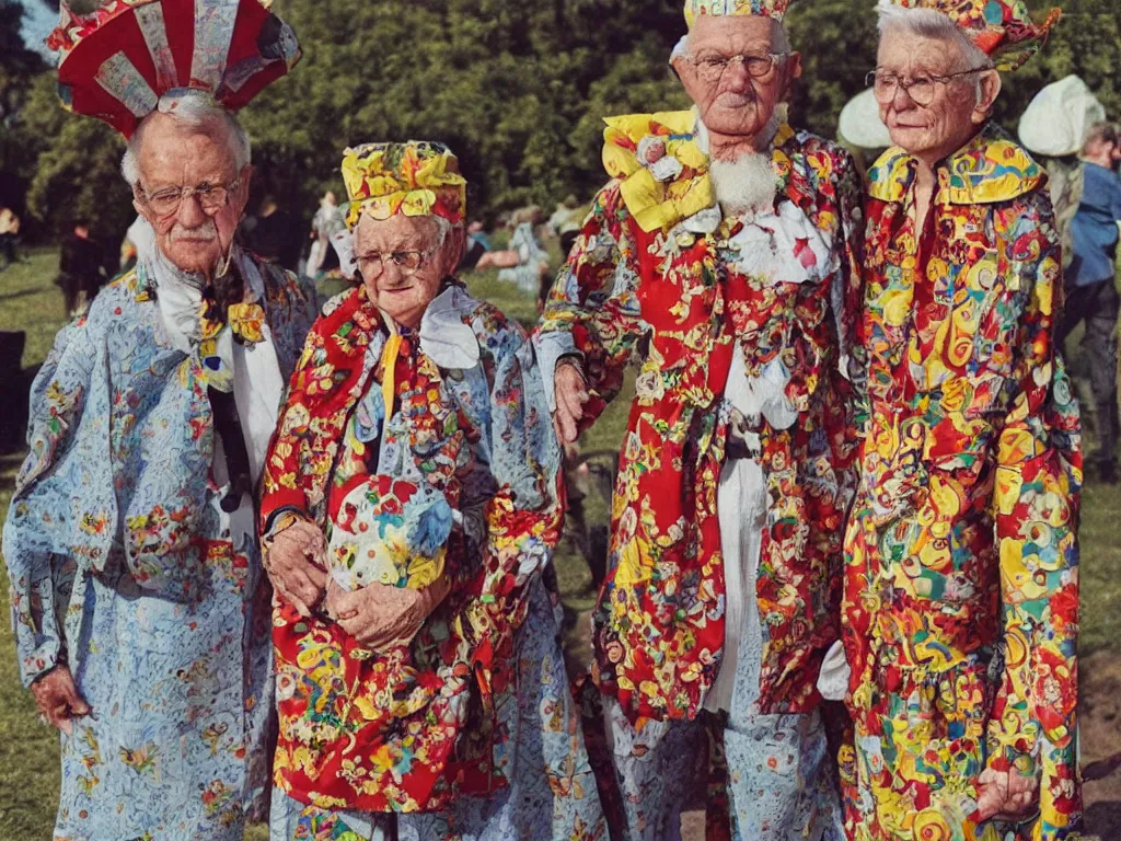 Prompt: a martin parr photo of a grandpa couple, wearing codex seraphinianus costumes