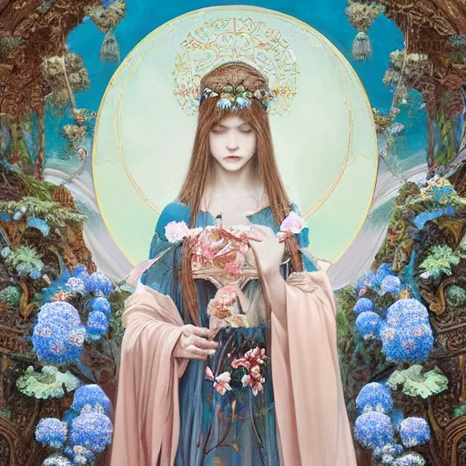 Image similar to breathtaking detailed concept art painting of the goddess of nemophila flowers, orthodox saint, with anxious, piercing eyes, ornate background, amalgamation of leaves and flowers, by Hsiao-Ron Cheng, James jean, Miho Hirano, Hayao Miyazaki, extremely moody lighting, 8K