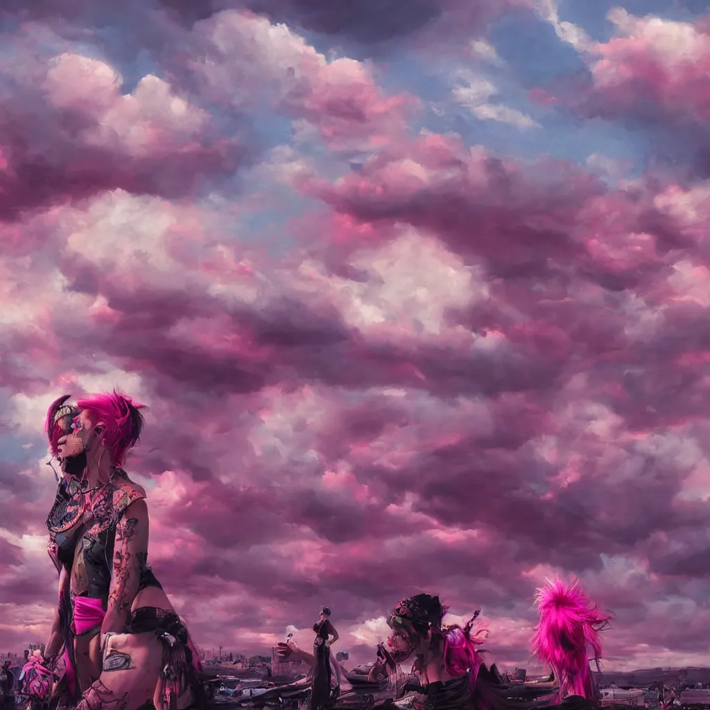 Prompt: oil painting, punk, pretty face, rich deep colors masterpiece, pink, people with mohawks, neon, ultra detailed, contrast, heaven pink, arches, clouds, sky, volumetric light, atmospheric lighting, dramatic, cinematic, steampunk, moody, octane render 4 k, 8 k