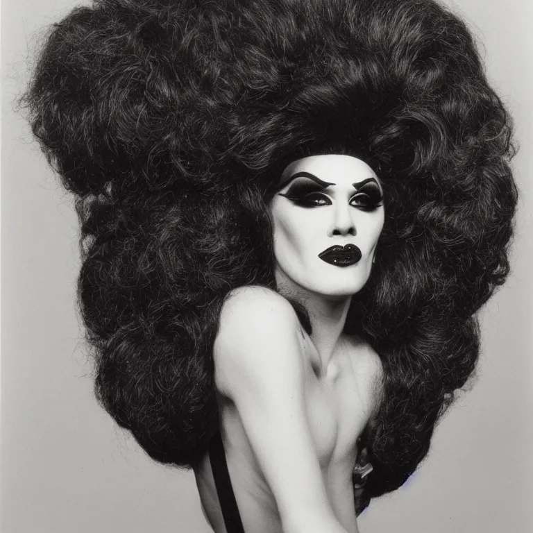 Prompt: photograph of a Drag queen in heavy makeup and a big wig by Robert Mapplethorpe