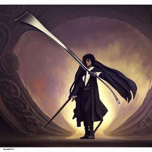 Image similar to Spike Spiegel as a grim reaper holding a giant scythe, fantasy, intricate, elegant, highly detailed, digital painting, artstation, concept art, matte, sharp focus, illustration, art by Artgerm and Greg Rutkowski and Alphonse Mucha