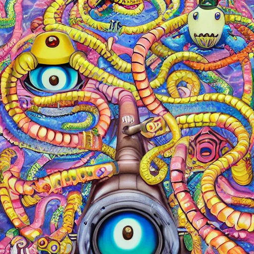 Image similar to beautiful painting of anthropomorphic steam railway engine monster truck snake oil salesman cowboy caveman hydra, neo - andean architecture art by takashi murakami, art by lisa frank, art by jacek yerka, art by victor moscoso. lifelike mechanical eyes. locomotive snake. trending on artstation, hyperrealism, 1 0 k