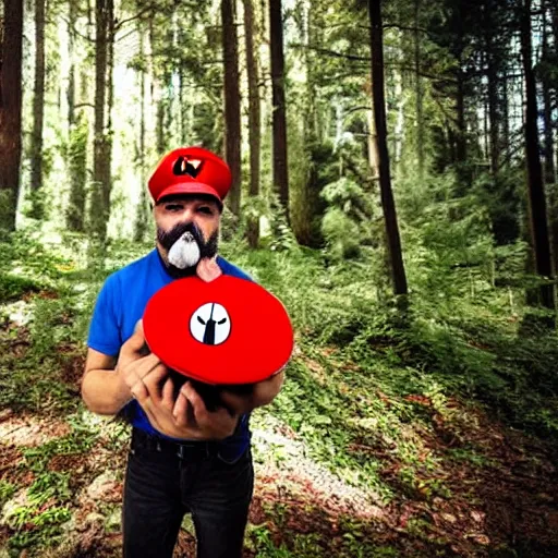 Prompt: italian man with a mustache dressed as mario wearing a solid red mario hat crying tears of joy hugging a fly agaric, in a forest, photography