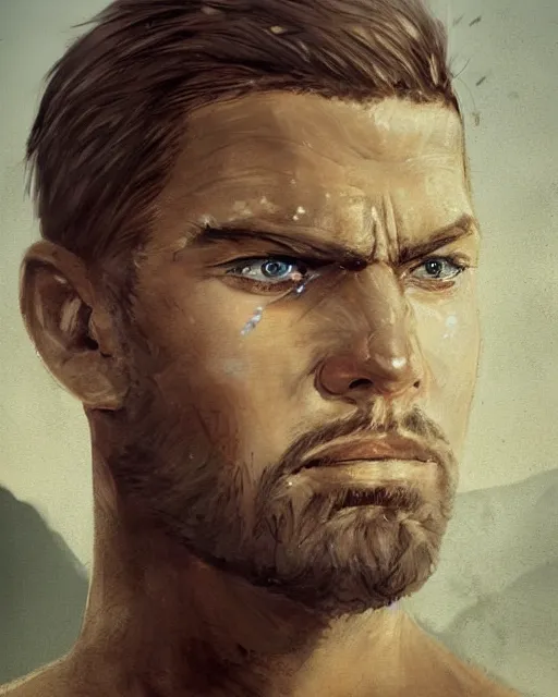 Image similar to portrait of muscular, tired and alcoholic 3 0 - year - old grieving man with short darkblonde hair, serious sad look in his eyes, looking down, dirty beard, blue eyes, crying tears, wearing dirty soldier uniform, on the desert, sad atmosphere, hyper realistic face, character art, art by artgerm, cryengine, trending on artstation, digital art