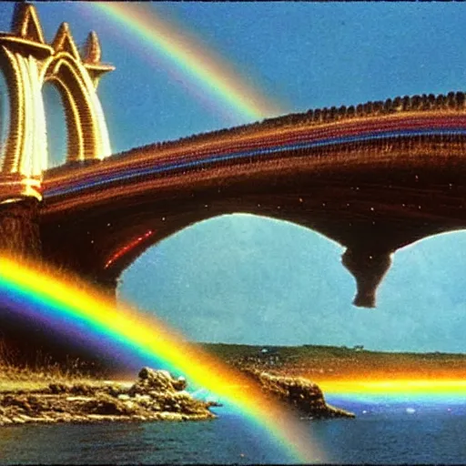 Image similar to rainbow bridge of asgard, film still, highly detailed, shimmering, sparkling, magical