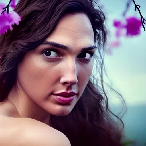 Image similar to photo of the beauty gal gadot, she is posing while maintain a sweet eye contact to the camera, she has a crown of flowers, the photo was taken at sunset with a bokeh effect, photo by iris edward steichen, photorealistic, matte painting, hyper realistic, 4 k, 8 k, cinematic composition, hd, highly detailed, trending on artstation