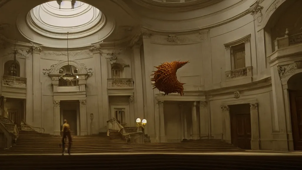 Image similar to the strange creature in city hall, made of wax and water, film still from the movie directed by Denis Villeneuve with art direction by Salvador Dalí, ultra low angle
