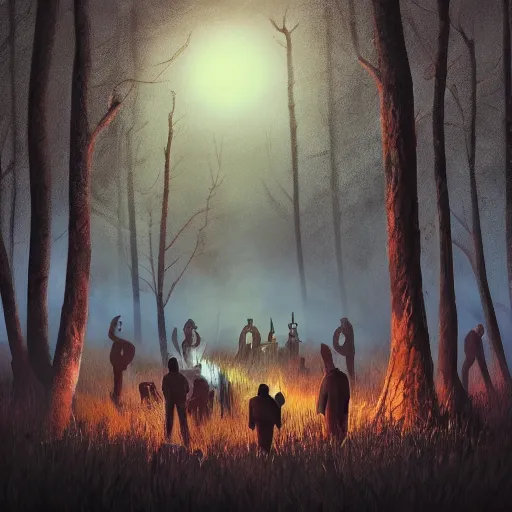 Prompt: Gathering of cryptids in a forest at night while Alex Jones spies on them, bonfire, creepy, shadows, creatures, cryptids, trending on artstation, featured on behance