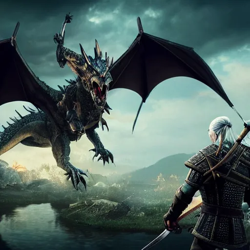 Prompt: a witcher fighting a dragon in the wildness, a black mist is around them, a town on fire is in the background, intricate details, highly detailed