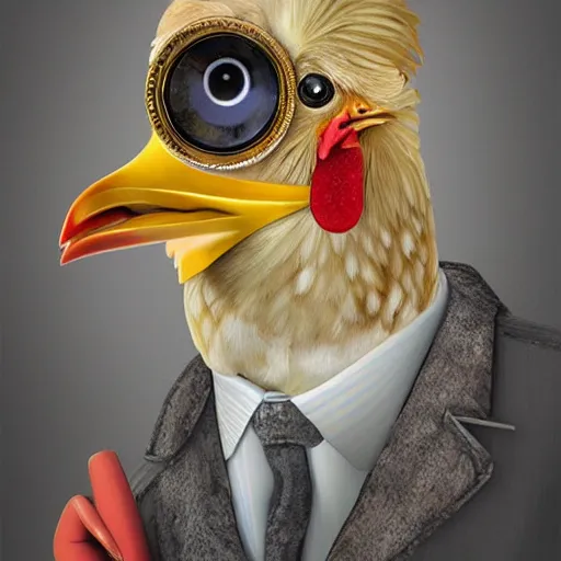 Prompt: a chicken butler with a fancy mustache and a monocle, high detail, digital art,