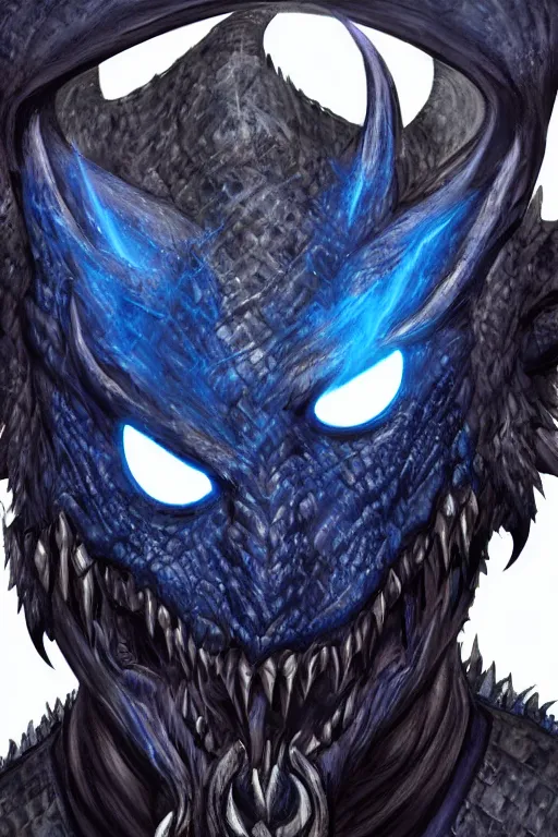 Image similar to a dark blue dragonborn with large tusks, half of his face flaming with blue flame, he wears a black dragon scales armor, digital art