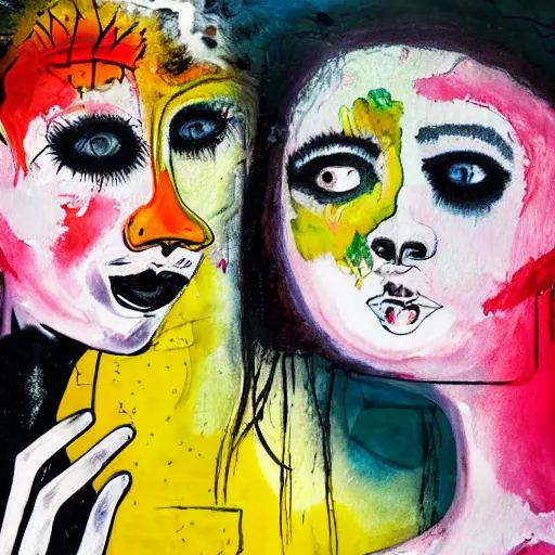 Image similar to watercolor painting of two bizarre psychedelic goth women kissing each other closeup in a cafe in spain, speculative evolution, mixed media collage by basquiat and jackson pollock, maximalist magazine collage art, sapphic art, lesbian art, chemically damaged