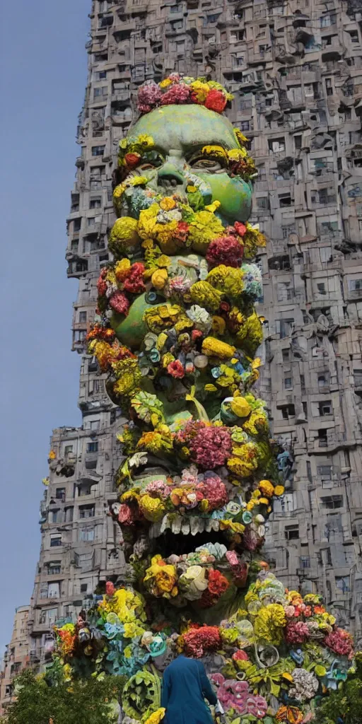 Image similar to colossal grotesque flower statue made from Lenin heads and colorful alien flowers in the middle of abandoned early soviet constructivist cityscape, Stalinist architecture, ultradetailed by Hayao Miyazaki and Josan Gonzalez and Makoto Shinkai and Giuseppe Arcimboldo and Wes Anderson