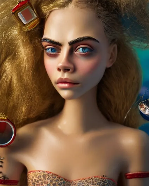 Prompt: closeup face profile portrait of cara delevingne as a tin toy swim champ, bikini, depth of field, zeiss lens, detailed and intricate environment, fashion photoshoot by nicoletta ceccoli, mark ryden, lostfish, breathtaking, 8 k resolution, artistic, hyperrealistic, octane render