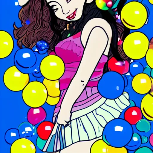 Image similar to an illustration that caricaturizes im nayeon of twice, colorful, bubbles, candy - coated, sugary sweet, yellows and blues