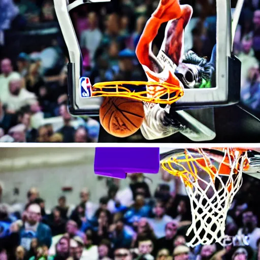 Image similar to photograph of the joker from batman dunking, highlights of the 2 0 1 9 nba slam dunking contest