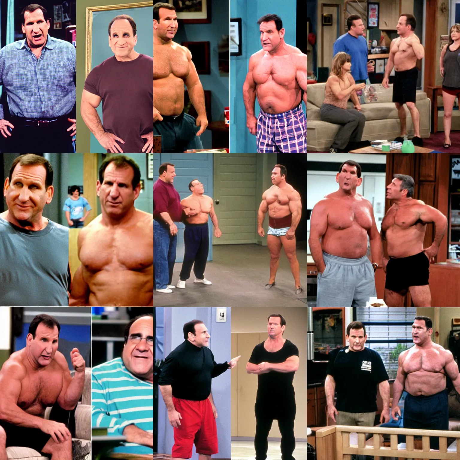 Prompt: <photo attention-grabbing sitcom>Al Bundy Gets Swole</photo><augment>Everyone is Danny Devito<augment>