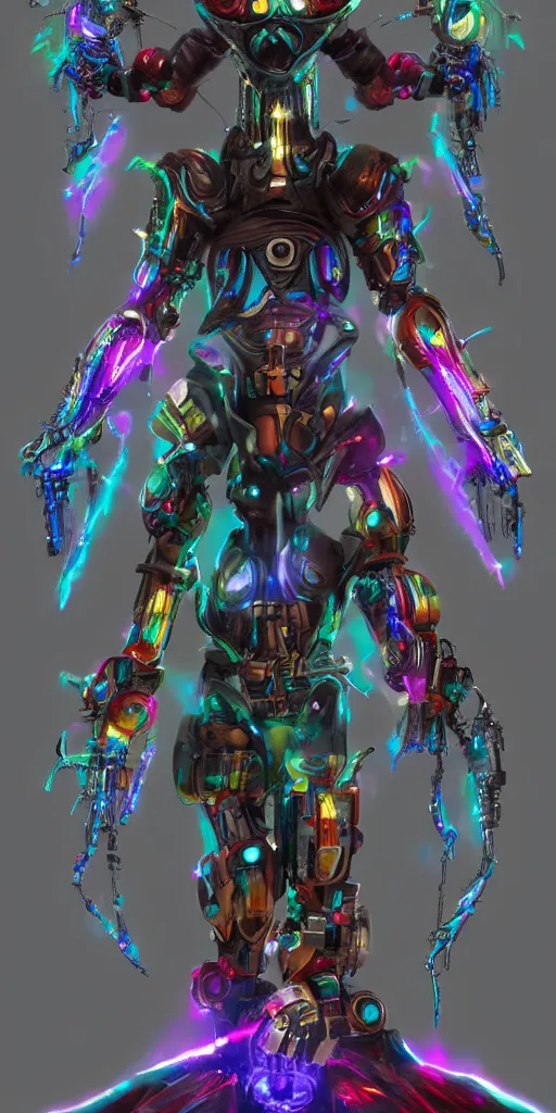 Image similar to cybernetic rainbow sorceror. sinister. powerful. ancient technology. artstation. cgsociety.