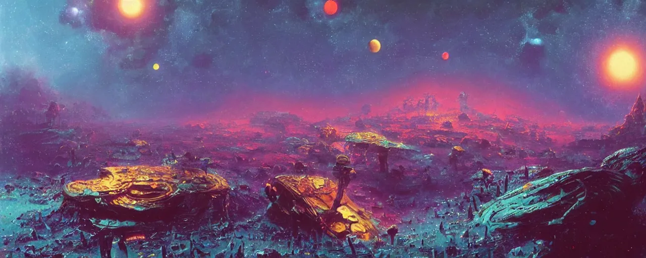 Image similar to ” outer planet covered in dripping honey, [ art by paul lehr, cinematic, detailed, epic, widescreen, opening, establishing, mattepainting, photorealistic, realistic textures, octane render ] ”