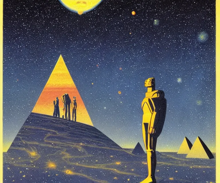 Prompt: portrait character standing gigantic solar pyramids towering over a small city meteor in the dark starry sky of saturn by kelly freas