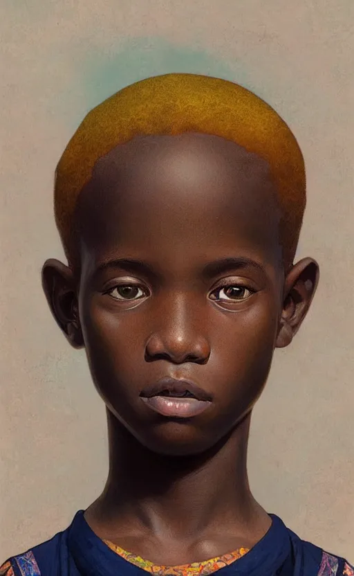 Prompt: colourful upper half portrait of an african boy, art by hsiao - ron cheng & alphonse mucha, highly detailed, digital painting, ray tracing, concept art, illustration, smooth sharp focus, intricate, symmetry, artstation,