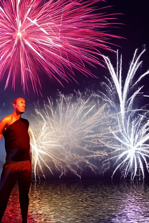 Image similar to scooter techno standing in water with fireworks in background, full body, reflection in water, volumetric lighting, golden ratio