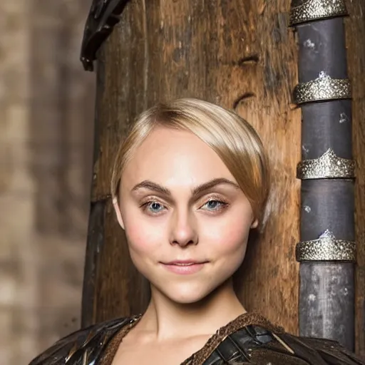 Prompt: portrait of annasophia robb in medieval armour, with bowl haircut