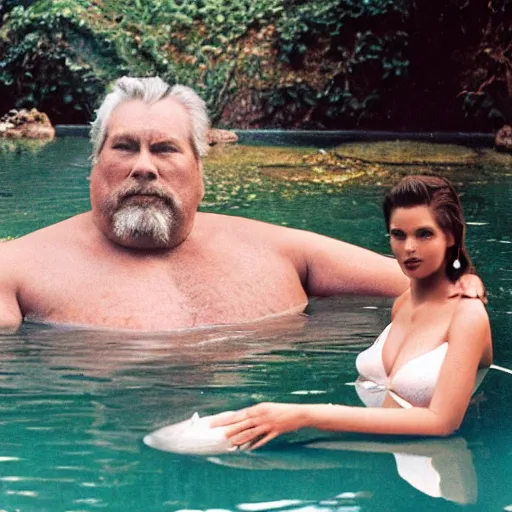 Image similar to big sir sitting in a hot spring with a super model, film still