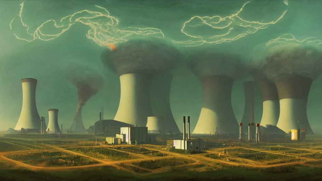 Image similar to A nuclear power plant in utopia by Simon Stålenhag and J.M.W. Turner, oil on canvas; Nuclear Fallout, Art Direction by Adam Adamowicz; 4K, 8K drone shot ; Ultra-Realistic Depth Shading;