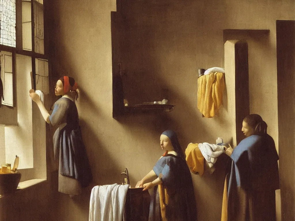 Image similar to Woman washing her hair in a water basin in an interior lit by the window. Painting by Vermeer