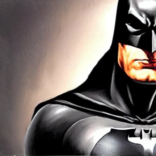 Image similar to An ultra-realistic portrait painting of Batman in the style of Alex Ross. 4K. Beautiful. Ultra-realistic. Highly detailed. Epic lighting.