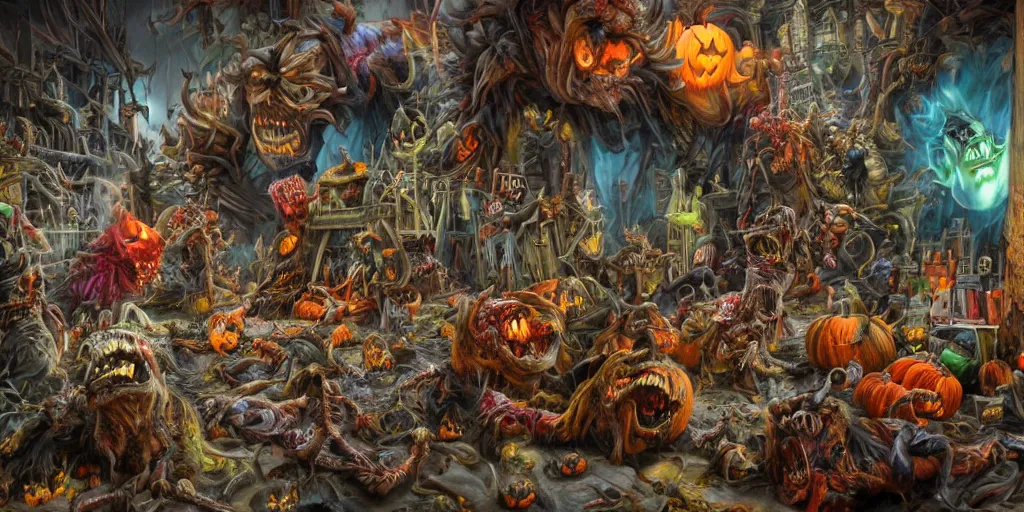 Prompt: ultra wide view of the most awesome monster party with a rube goldberg door trap, devils, demon, multiverse, ghosts, witches, pumpkins, vampires, mummies, monsters, dripping, hyper-realistic, bright and colorful, octane render, 8k, extremely detailed, iridescent, photorealistic, minute details, horror, grotesque, macabre, moody, broken, gritty, zbrush art, extreme details, cinematic