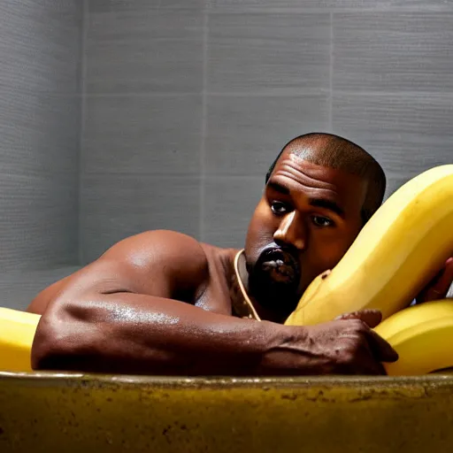 Prompt: Kanye West taking a bath in a bathtub full of bananas, 4k, detailed face, high detail