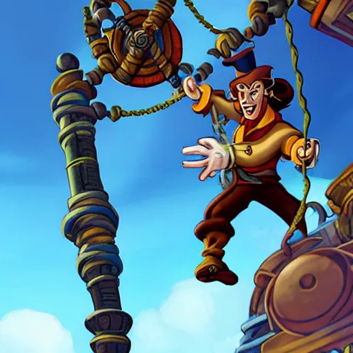 Image similar to guybrush threepwood fighting with lechuck in the top of the ship mast