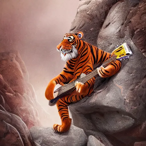 Image similar to illustration of a anthropomorphic tiger in a rock outfit strumming an electric guitar, dslr, 8 k, octane beautifully detailed illustration, cold lighting, cinematic lighting, detailed poster, masterpiece, volumetric lighting, ultra realistic, highly detailed, high quality, lossless