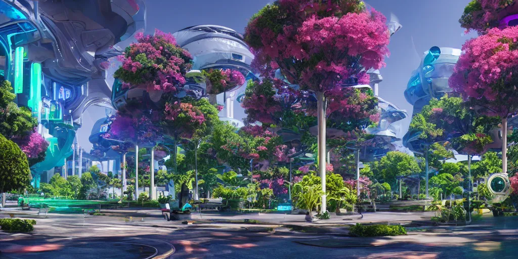 Prompt: professional photo from the streets of a futuristic utopian solarpunk thriving city with botanical gardens, advanced economy, colorful vibrant tree varieties, 4k, highly detailed, Unreal Engine, ray trace, octane render