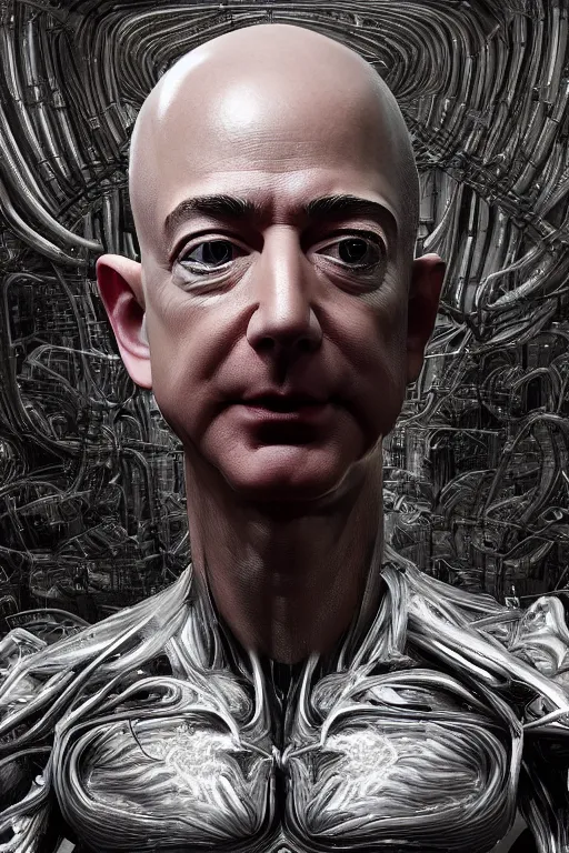 Image similar to jeff bezos as an alien invader, photorealistic, cinematic lighting, highly detailed, very intricate, by hr giger