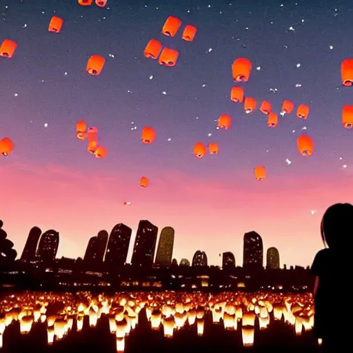 Image similar to a little girl watching hundreds of chinese sky lanterns flying in the night sky over a sci-fi city, Pixar style