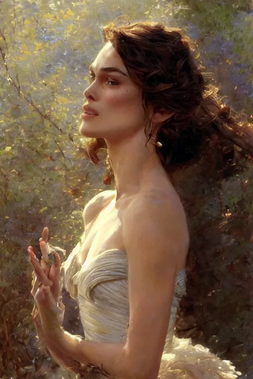 Prompt: detailed realistic cinematic shot of beautiful attractive keira knightley wit slim face symettrical face clean skin, wearing long intricate dress, smooth, sharp focus, ultra realistic, spring light, painting by gaston bussiere, craig mullins, j. c. leyendecker